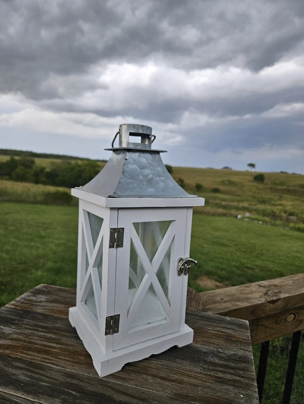 Vintage White Wood Candle Lantern Galvanized Metal Top Country Farmhouse Decor